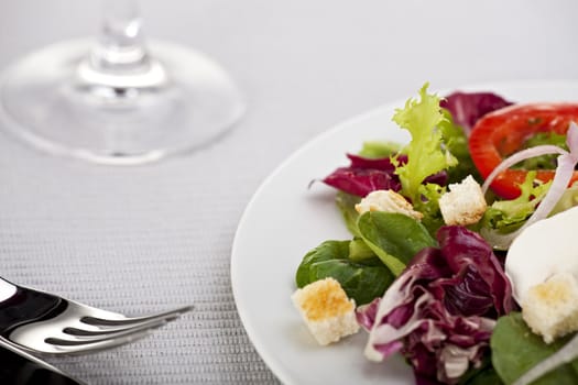 detail of a mixed salad with croutons