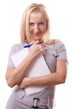 Blonde woman posing with note pad. Isolated on white. #2