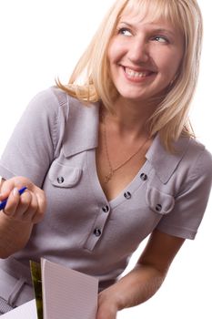 Laughing blonde woman with note pad. Isolated on white. #3