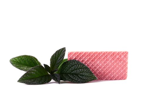 Sweet wafer for a dessert and fresh green sheet of mint.