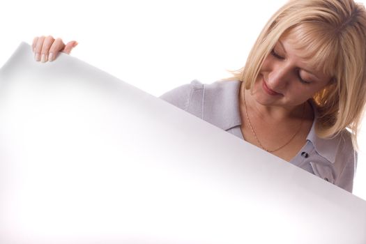 Blonde woman standing with white sheet of paper. Isolated on white. #2