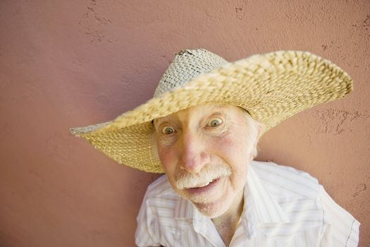 Senior Citizen Man with a Funny Expression Wearing a Straw Cowboy Hat