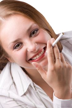 Portrait of beautiful girl posing with cigarette. Isolated against white background. #1
