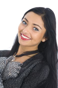 portrait of the brunette with blue eye on white background