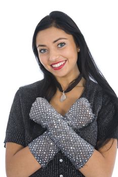 portrait of the brunette with blue eye on white background