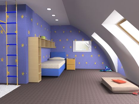 childroom modern design in loft apartment (3D image)