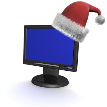 The monitor with dressed cap Santa. 3D image.