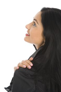 portrait of the brunette with blue eye on white background