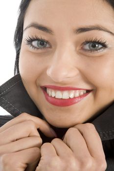 portrait of the brunette with blue eye on white background