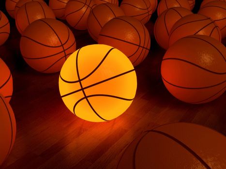 basketball glow game ball over the hardwood floor (3D)