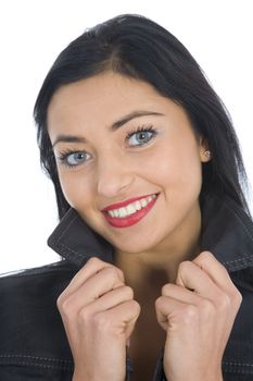 portrait of the brunette with blue eye on white background