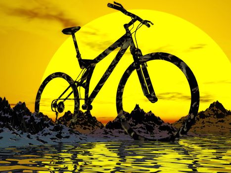 dirt Mountain  bike over the rock sunset background