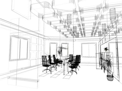 the modern office interior design sketch (3d render)
