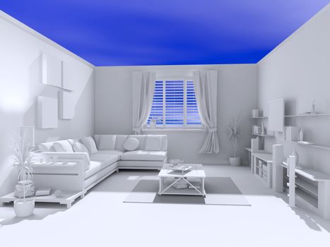 the open blank interior over blue sky background (3D)