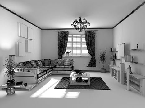 the modern interior sketch (wireframe rendering)