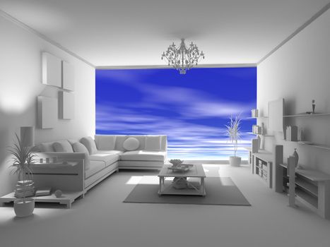 the open blank interior over blue sky background (3D)