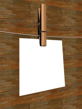 One sheet of a paper hanging on a cord. 3D image.