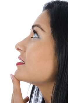 portrait of the brunette with blue eye on insulated background