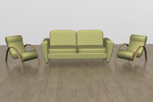 Two armchairs and sofa. An interior. 3D image.