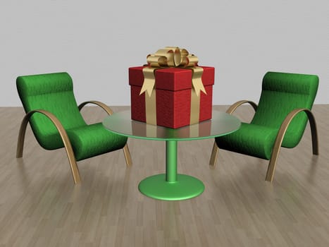 Two armchairs and gift box on a glass table. 3D image.