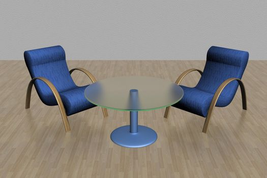 Two armchairs and glass table. 3D image.