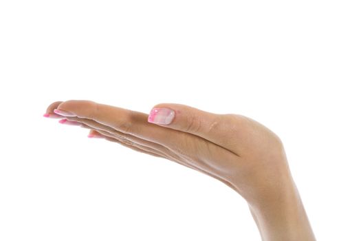Woman hand on white background