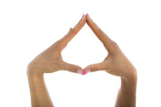 Woman hand on white background