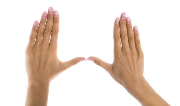 Woman hand on white background