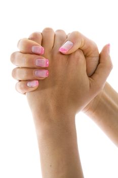 Woman hand on white background