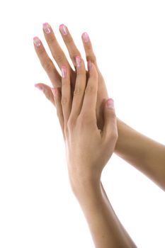 Woman hand on white background