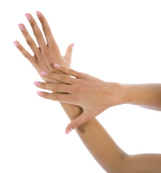 Woman hand on white background