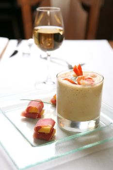 Food, Soup-cream with Prawn and Meat with Peach and Goblet with Wine