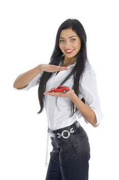 Business woman advertises selling the cars on white background