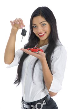 Business woman advertises selling the cars on white background