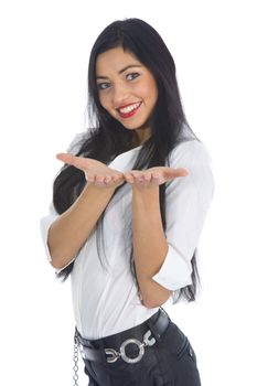 Business woman advertises selling the cars on white background