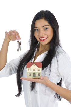 Business woman advertises real estate on isolated background
