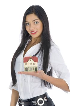 Business woman advertises real estate on isolated background