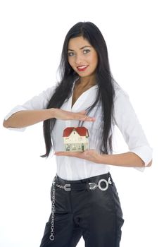Business woman advertises real estate on isolated background