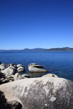 The rocky shoreline of Lake Tahoe in Nevada.