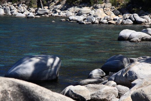 The rocky shoreline of Lake Tahoe in Nevada.