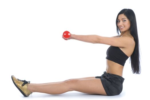 beautiful girl with dumbbells on  isolated background