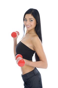 beautiful girl with dumbbells on  isolated background