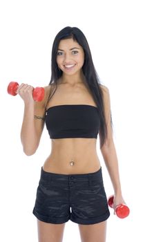 beautiful girl with dumbbells on  isolated background
