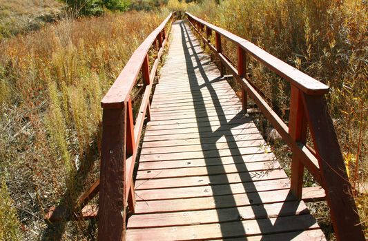 A bridge over a marshy area on the Riverwalk, a path along the bank of the Arkansas River