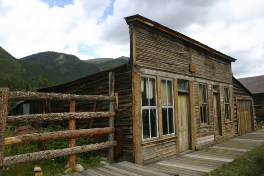 Buildings along wooden sidewalk in St. Elmo, Colorado, an historic ghost town in the Rocky Mountains