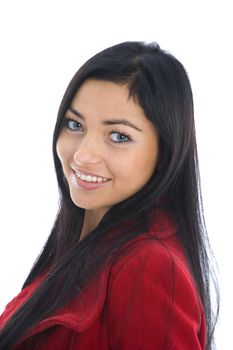 portrait of the brunette with blue eye on white background