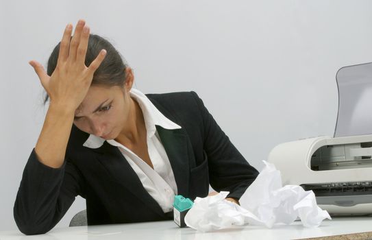 Business woman is printing in office, copy, duplicate, calling