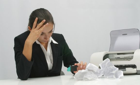 Business woman is printing in office, copy, duplicate, calling