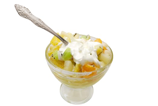 Fruit Salad (Orange, Apple, Pear, Kiwi) with Spoon Isolated on White Background