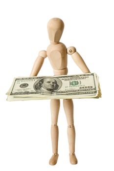 The wooden figure holds dollars.Isolated on white [with clipping path].